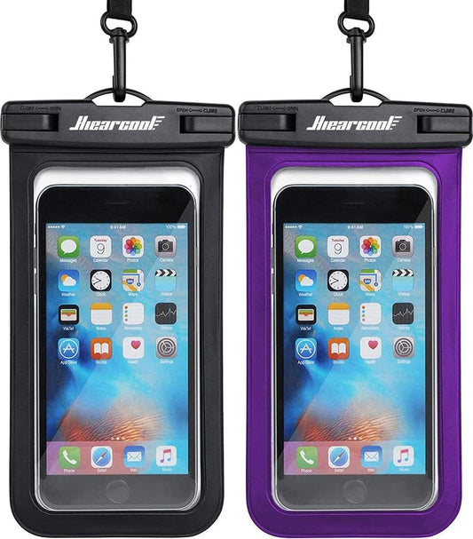 Hiearcool Universal Waterproof Phone Pouch Compatible for iPhone 16 15 14 13 Pro Max Plus Up to 8.3", IPX8 Beach Travel Essentials-Black&Purple-2Pack