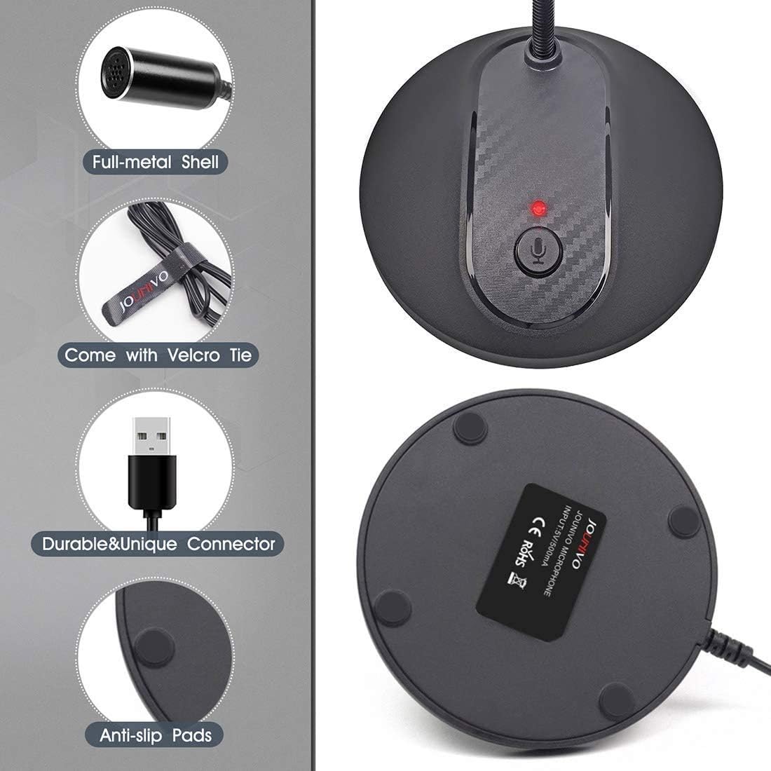 JOUNIVO USB Microphone, 360 Degree Adjustable Gooseneck Design, Mute Button & LED Indicator, Noise-Canceling Technology, Plug & Play, Compatible with Windows & MacOS