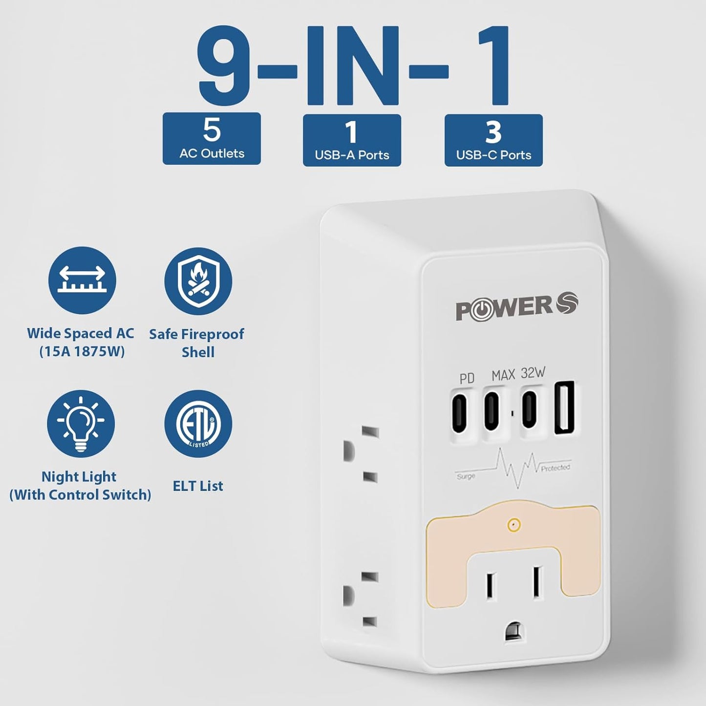20W PD Fast Charging Wall Outlet with USB Ports (3C1A), Electrical Outlet Extender with Night Light, Surge Protector, Wall Plug Adapter for Multiple Devices, Wall Socket Expander