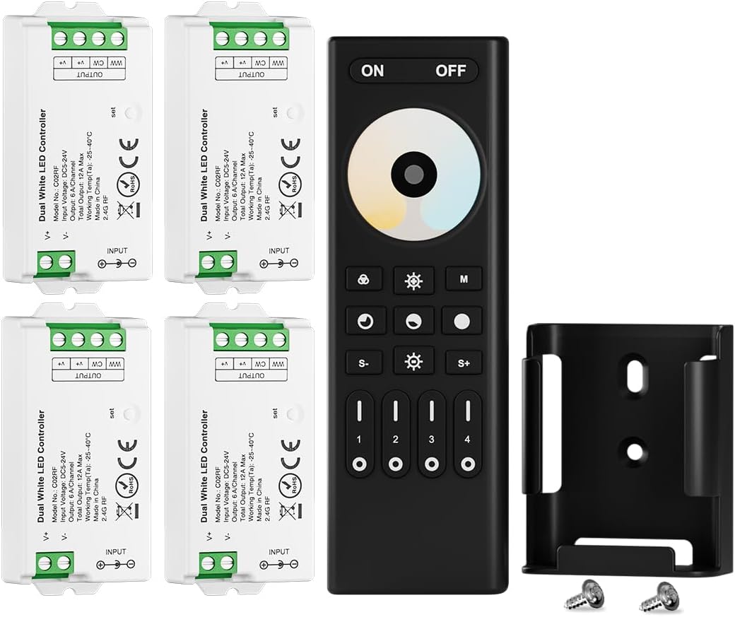 BTF-LIGHTING RF 2.4GHz Wireless Remote RC02RFB &4PCS C02RF Tuya Controller Kit 4 Zone Group Control PWM CCT(+ CW WW) 3pin 5050SMD FCOB COB Dual White LED Strip DC5V DC12V DC24V