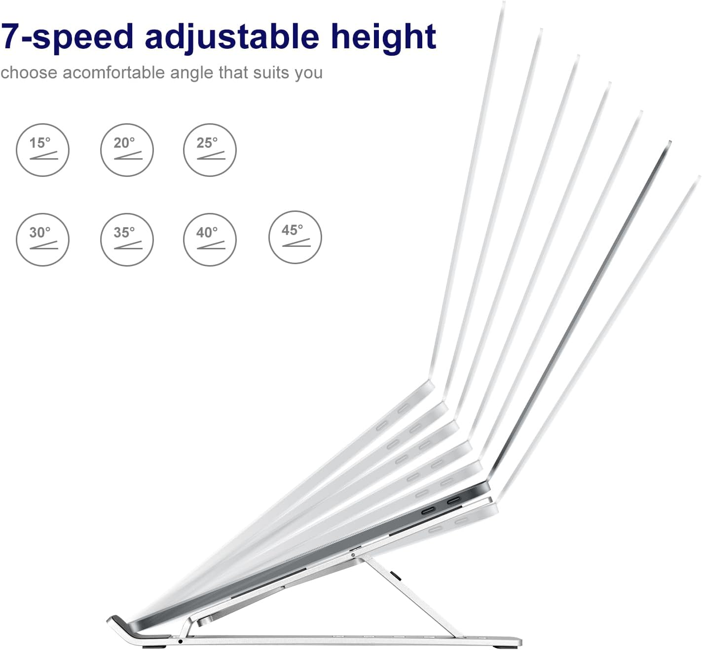 Ergonomic and Foldable Laptop Stand for Desk, Adjustable Riser, Fits All Laptops and Notebooks up to 17,Ultra-Thin,Ventilated Cooling,ABS+Silicone,Silver.