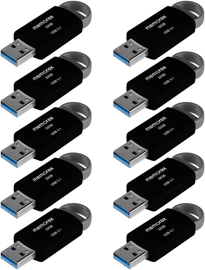 32GB Memorex USB 3.1 Flash Drive – Transfer Speeds Up to 10x Faster Than USB 2.0, Latest USB 3.1 Gen 1 Technology, Lightweight Design, for Daily File Management, Type-A Connector, 10-Pack
