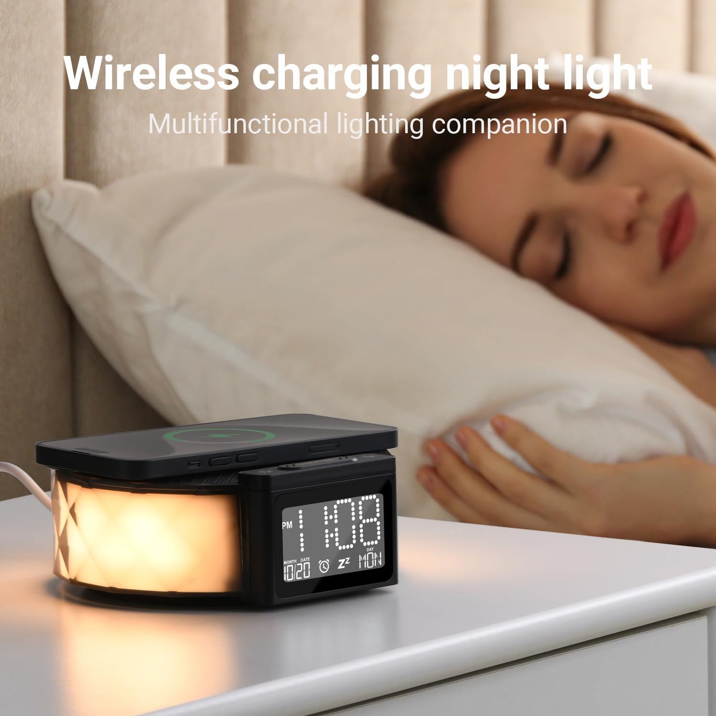 Alarm Clock with Fast Wireless Charging 15W,Digital Alarm Clock Night Lamp for Bedroom, RGB Nightlight for 5 Colors,Snooze Mode,8 Types of Music with Cable (Black)