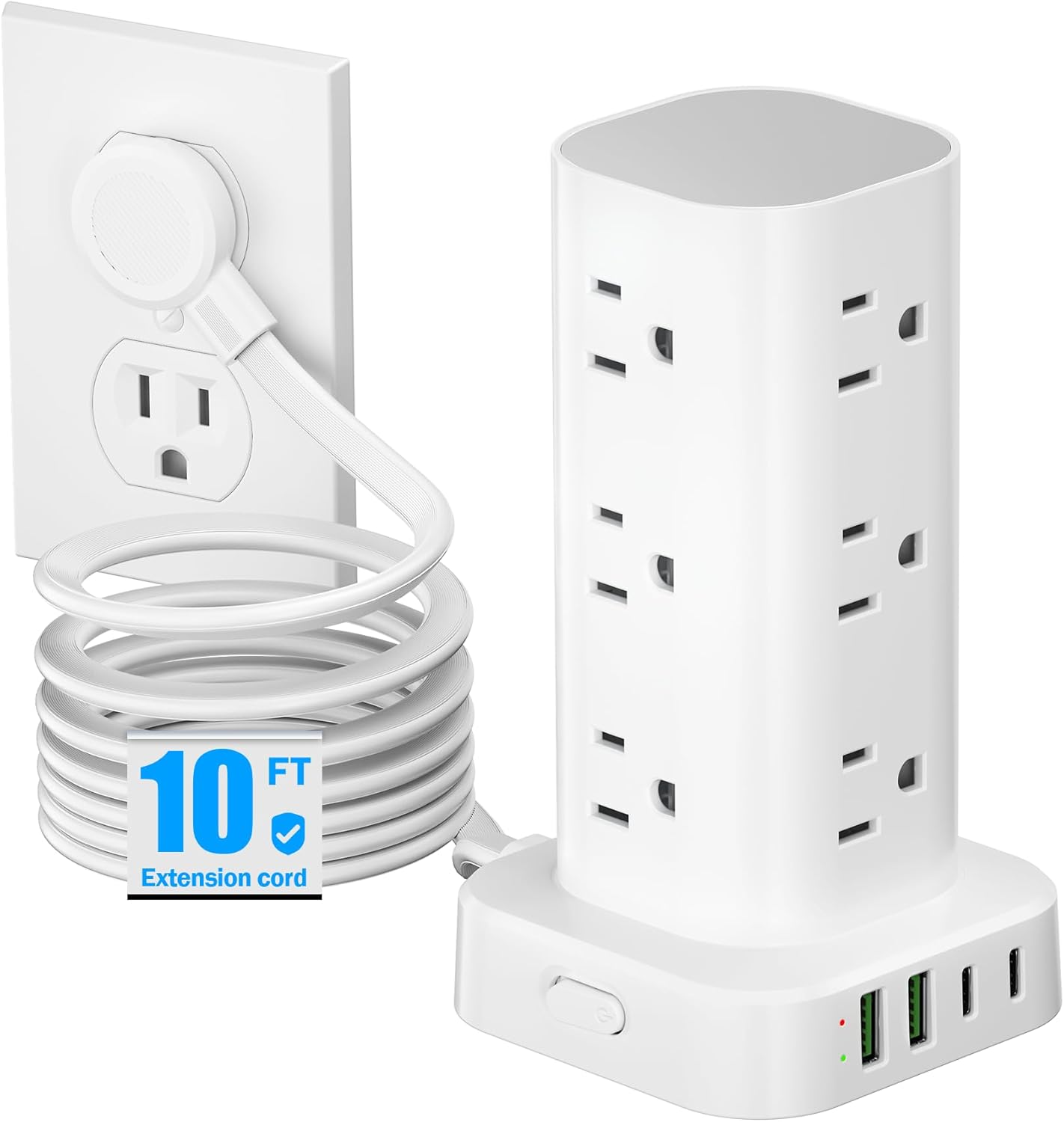Flat Plug Power Strip Tower Surge Protector, 10FT Flat Extension Cord with Multiple Outlets, 12 AC Outlets, 4 USB Ports (2 USB C) Charging Station for Office Home Dorm Room Travel (White)