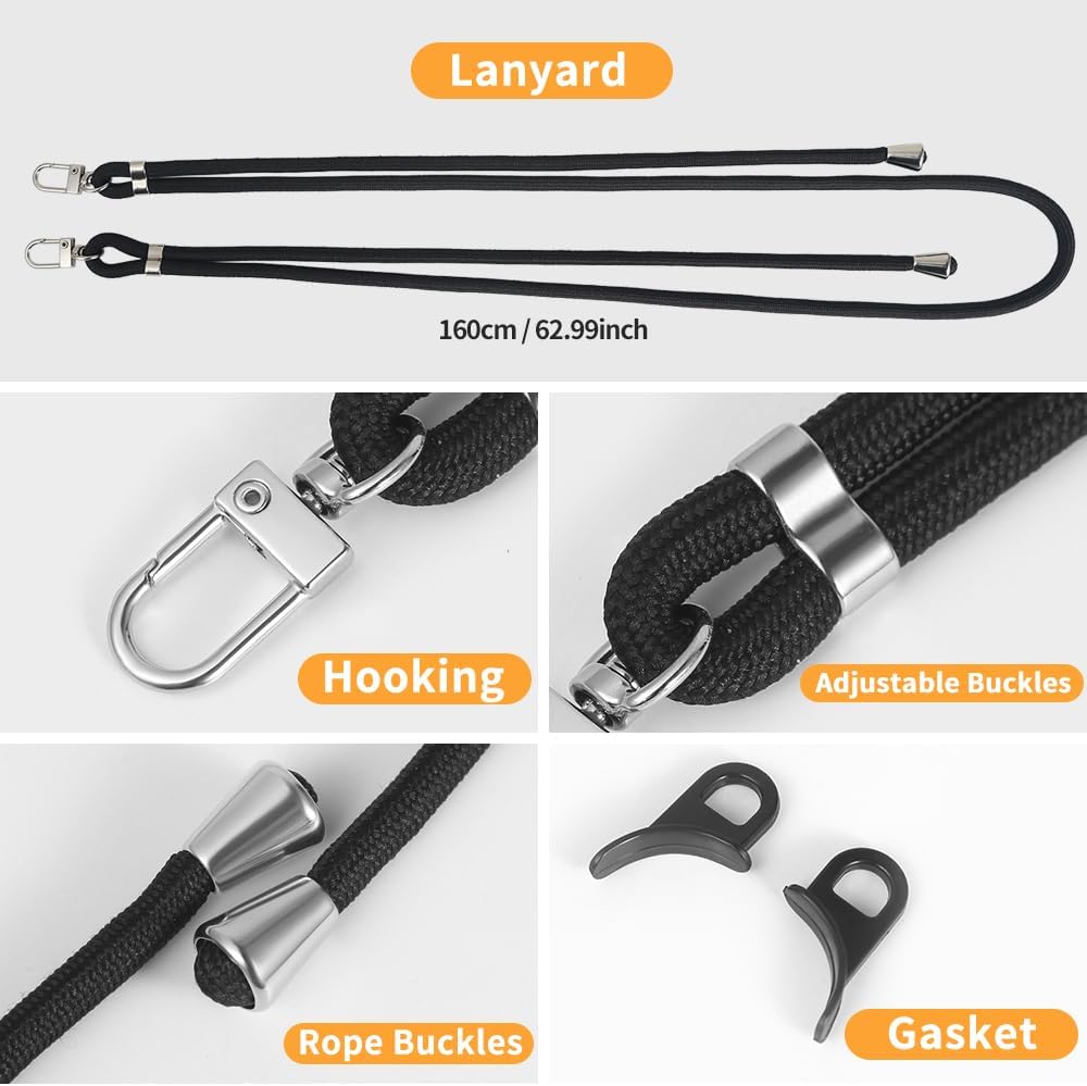 for iPhone 16e Case with Adjustable Phone Lanyard Strap, Compatible with MagSafe, Shockproof Military-Grade Protection, Magnetic Phone Case, Classic Clear Black Hybrid Case, Yellowing Resistant