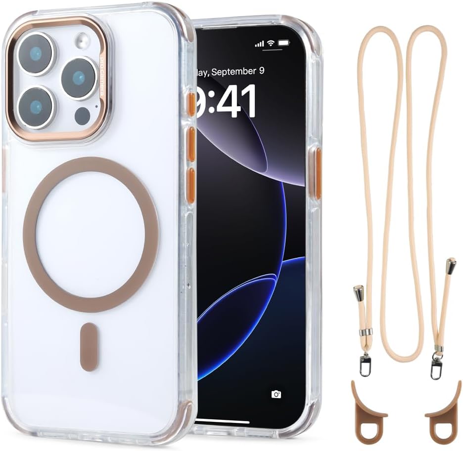 for iPhone 15 Pro Max Case with 62.99 inch Lanyard, Compatible with MagSafe, Shockproof Military-Grade Protection, Yellowing Resistant, Adjustable Strap Magnetic Cover, Classic Clear&Brown