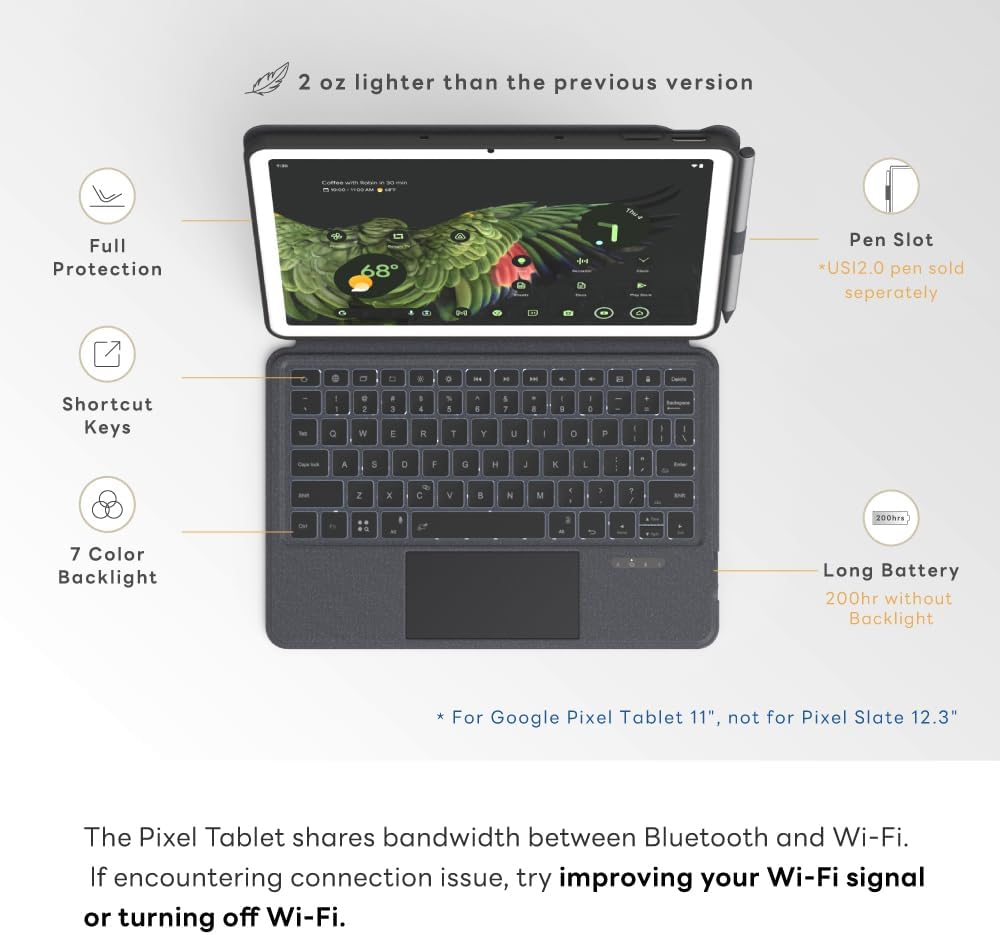 EIP Magnetix Keyboard Case for Google Pixel Tablet 11 inch (2023), Adjustable Viewing Angle, Detachable, Easy Carry, Protective Cover Compatible with Speaker Dock, 7 Backlight Color, US Layout
