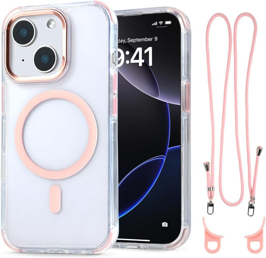 for iPhone 15 Case with 62.99 inch Lanyard, Classic Clear&Pink Magnetic Phone Case, Drop&Shockproof Protection Cases, Phone Lanyard for Around The Neck, Compatible with Magnet Accessory
