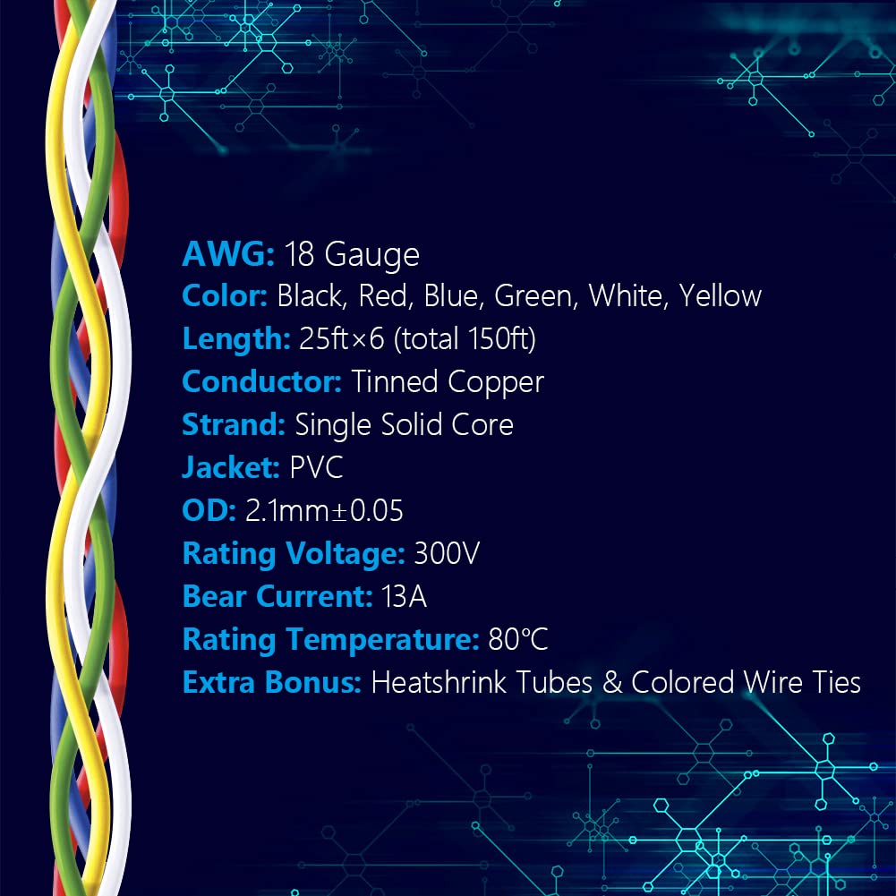 Fermerry 18 AWG Solid Core Wire Spool 25ft Each 6 Colors Flexible 18 Gauge Hook up Wire Kit Electrical Tinned Copper Wire PVC