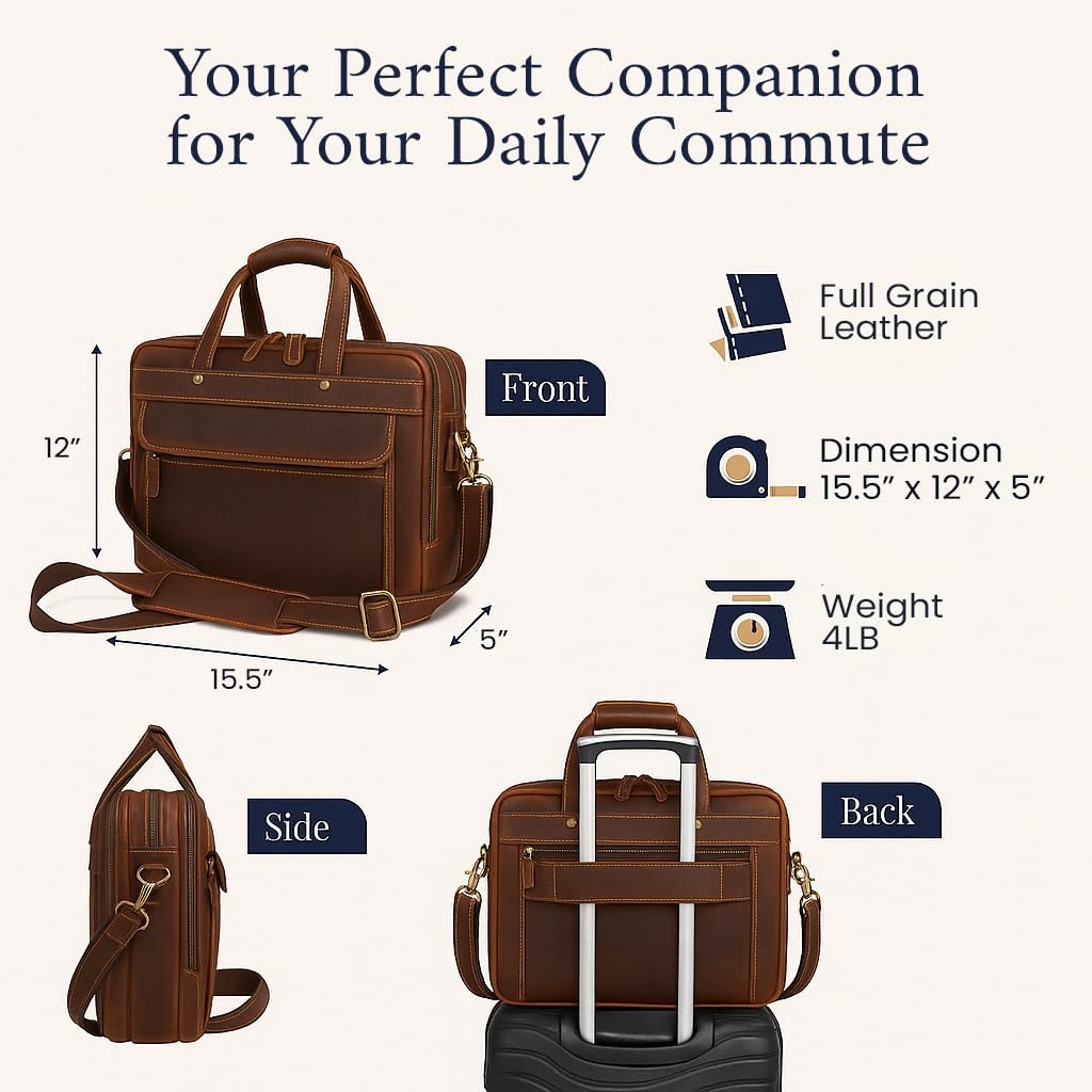 Luxorro Full Grain Leather Briefcase for Men, Top Choice Gifts, Handcrafted Laptop Bag with Multiple Compartments and Brass Hardware, Fits 15.6 Inch Laptop