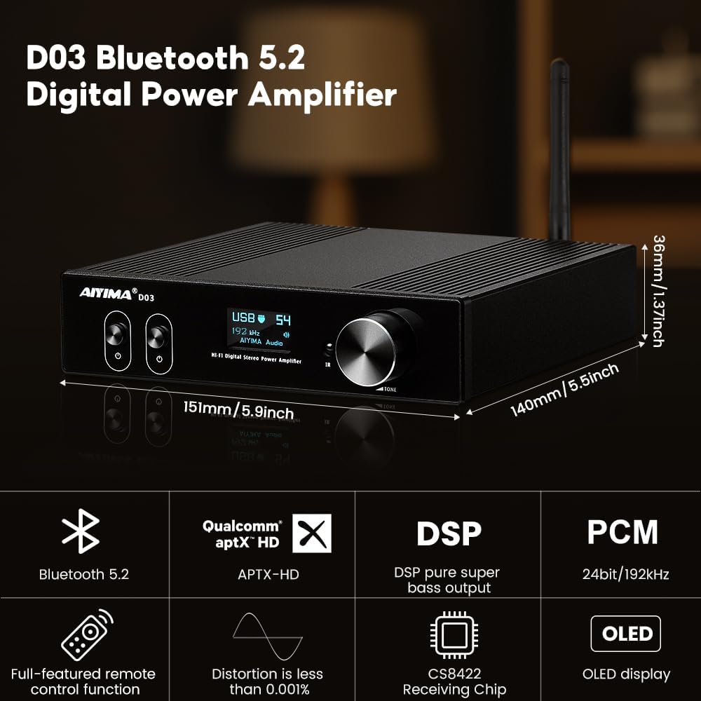 AIYIMA D03 Bluetooth 5.0 DAC Amplifier 150 Watt x 2 Stereo HiFi 2.1 CH Digital Sound Amplificador 24Bit/192kHz Class D Power Amp USB Coaxial Optical OLED AptX, Support Subwoofer & with Remote