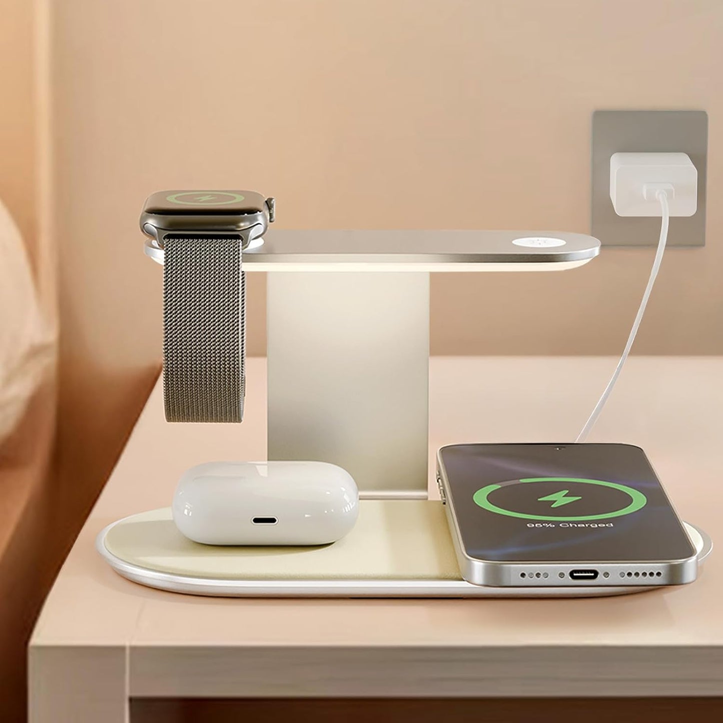 4-in-1 for Magsafe Wireless Charging: 15W Qi Magnetic Fast Charger Station Pad with Night Light for iPhone 16 15 14 13 12 Pro Max - for Apple Watch and AirPods Series - Desk Nightstand Bedside, Silver