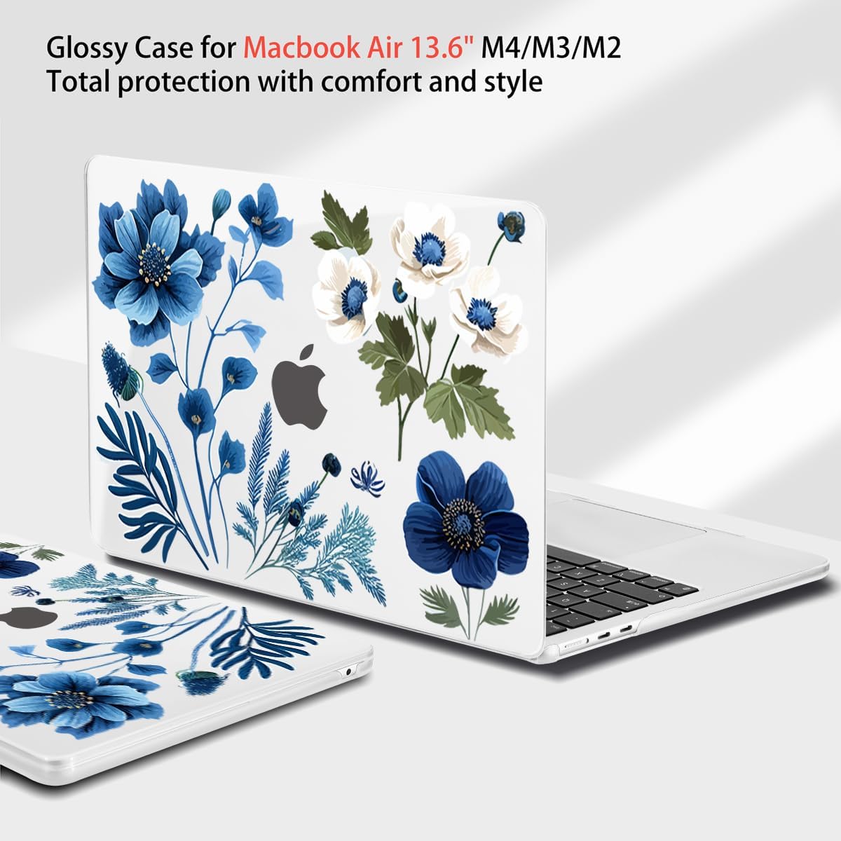 Teryeefi for MacBook Air M4 M3 M2 13.6 inch Case 2025 2024-2022,Fit Model A3240 A3113 A2681, Laptop Hard Shell Cases with Keyboard Cover & Screen Protector for MacBook Air 13.6", Blue Plant Flower