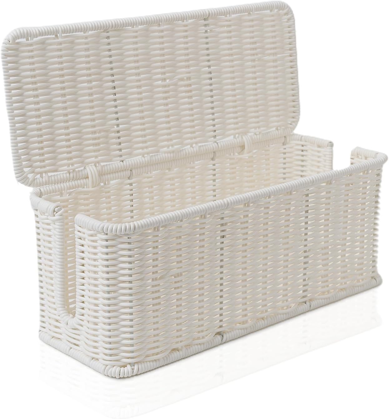 Cable Management Box, Handmade Rattan Cable Organizer, 2 Open Slots Cords Hider Box, Under Desk Cord Organizer for Computer Router USB Hub & Power Strip, Patent Pending, 13" x 5.1" x 5.1", White