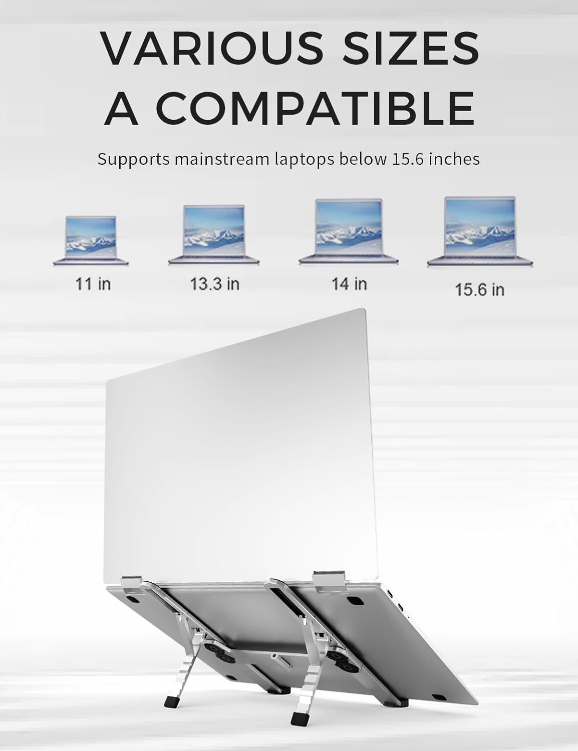 Junfire Foldable Laptop Stand for Travel, Aluminum Stable Ergonomic Laptop Riser with 6-Levels Height Adjustment, Fits with MacBook Air, MacBook Pro, iPad, HP, Dell, Lenovo (Up to 15.6'')-Sliver