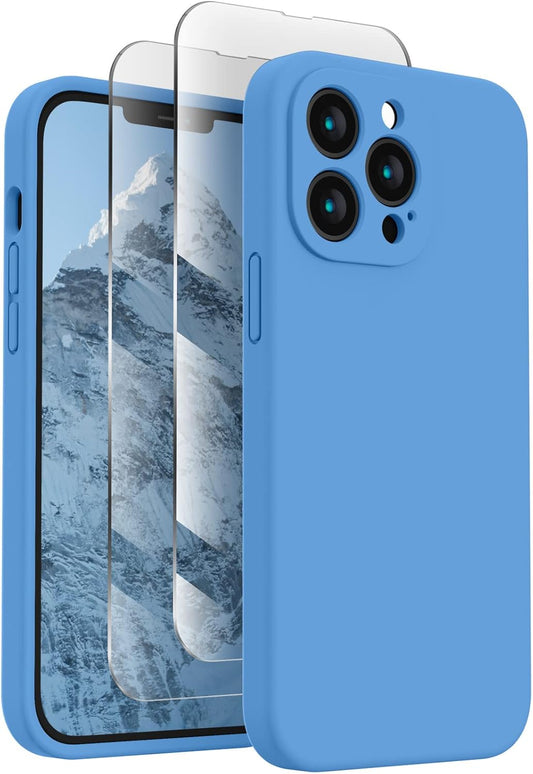 FireNova Designed for iPhone 13 Pro Max Case, Silicone [Camera Protection] Phone Case with [2 Screen Protectors], Soft Anti-Scratch Microfiber Lining Inside, 6.7 inch, Blue