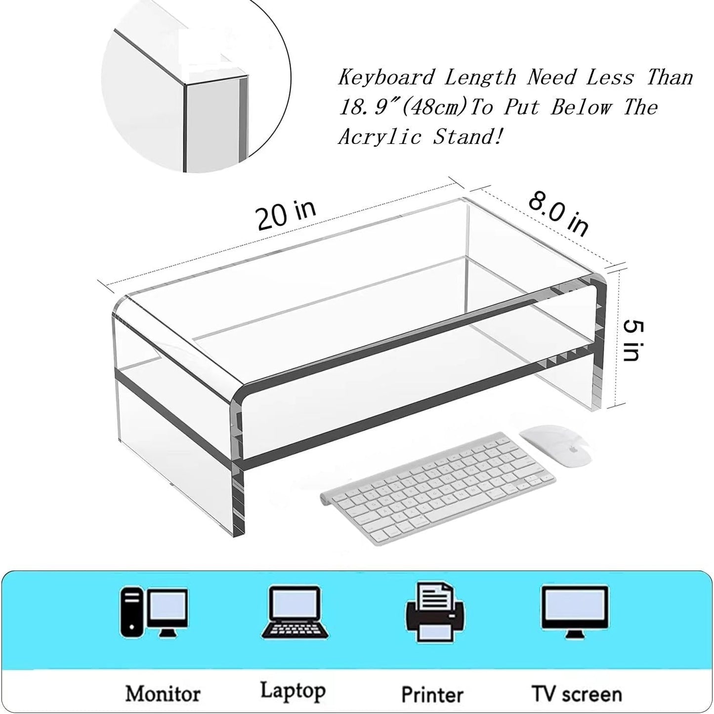 Acrylic Monitor Stand, 2 Tier Computer Monitor Stand Riser，20 inch Acrylic Computer Monitor Stand Riser for iMac, PC, Desktop, Laptop, TV Screen with Extra Storage Space Home Office