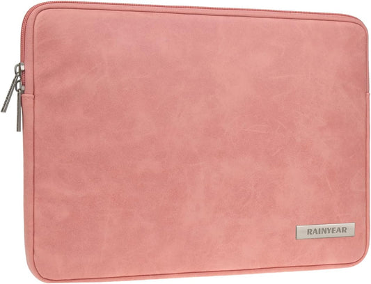 RAINYEAR 13 Inch Laptop Sleeve PU Suede Leather Case Protective Cover Water Resistant Carrying Bag Compatible with 13.3 Notebook Computer Chromebook,14" MacBook M1 M2 M3 M4,13.5 Surface Laptop(Coral)