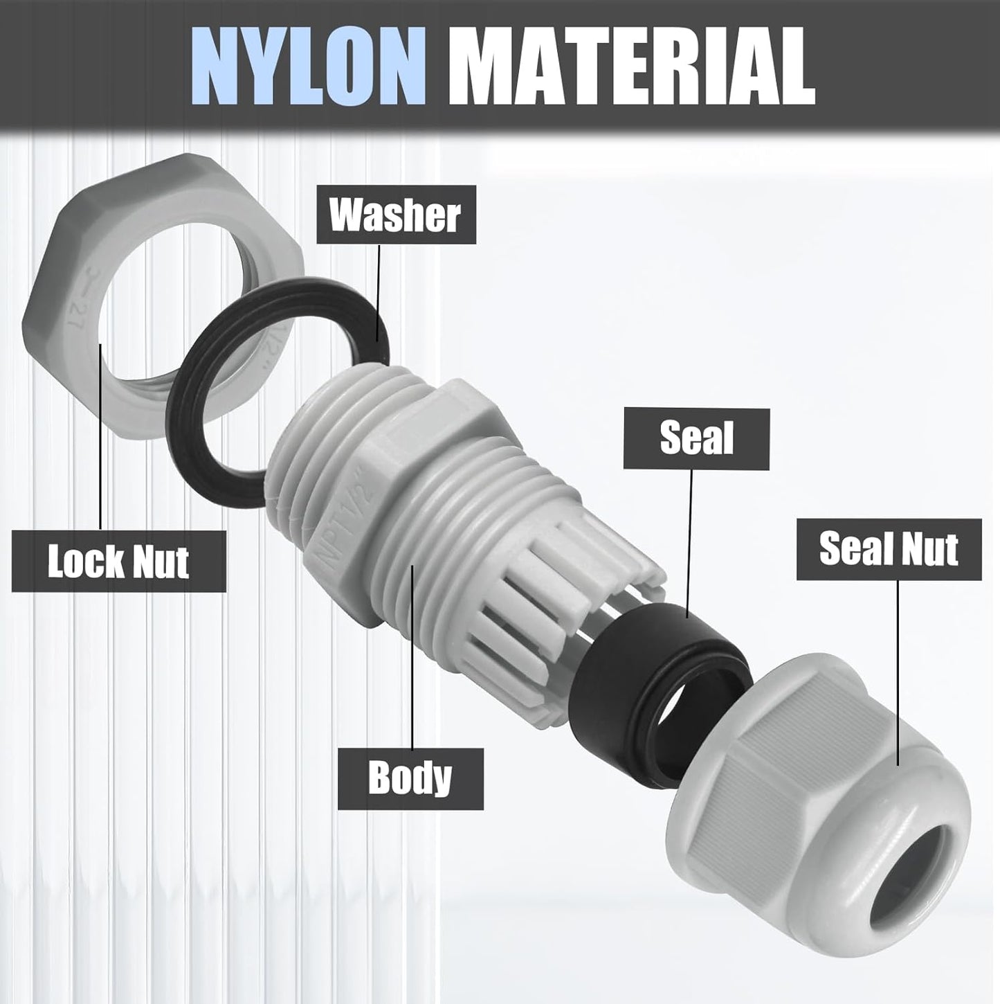 12 Pcs 1/2" NPT Nylon Cable Glands, Grey Strain Relief Cable Cord Connector IP68 Waterproof Junction Box Wire Protectors Adjustable for 6-12mm Cable Diameter