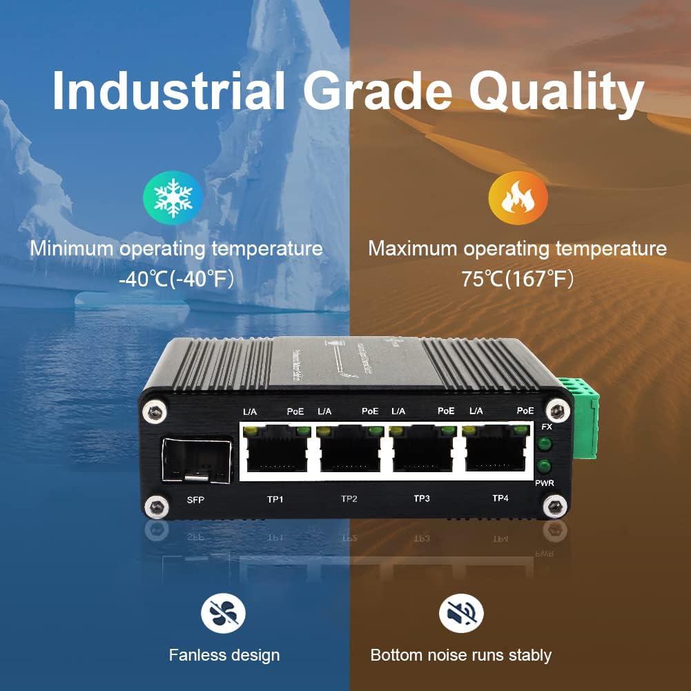 Mini Industrial 4 Port 10/100/1000Mbps Gigabit Ethernet POE + Switch with SFP Port Din Rail/Wall-Mount 4 Port 10/100/1000BASE-T RJ45 + 1 Port 100/1000FX (SFP) Support 12-48V DC