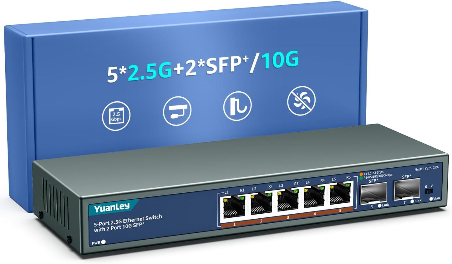 7 Port 2.5G Unmanaged Ethernet Switch, 5 x 2.5G Base-T Ports, 2 x 10G SFP, Compatible with 100/1000/2500Mbps, VLAN, Fanless, Desktop/Wall Mount YuanLey 2.5Gbe Network Switch for Wireless AP, NAS, PC