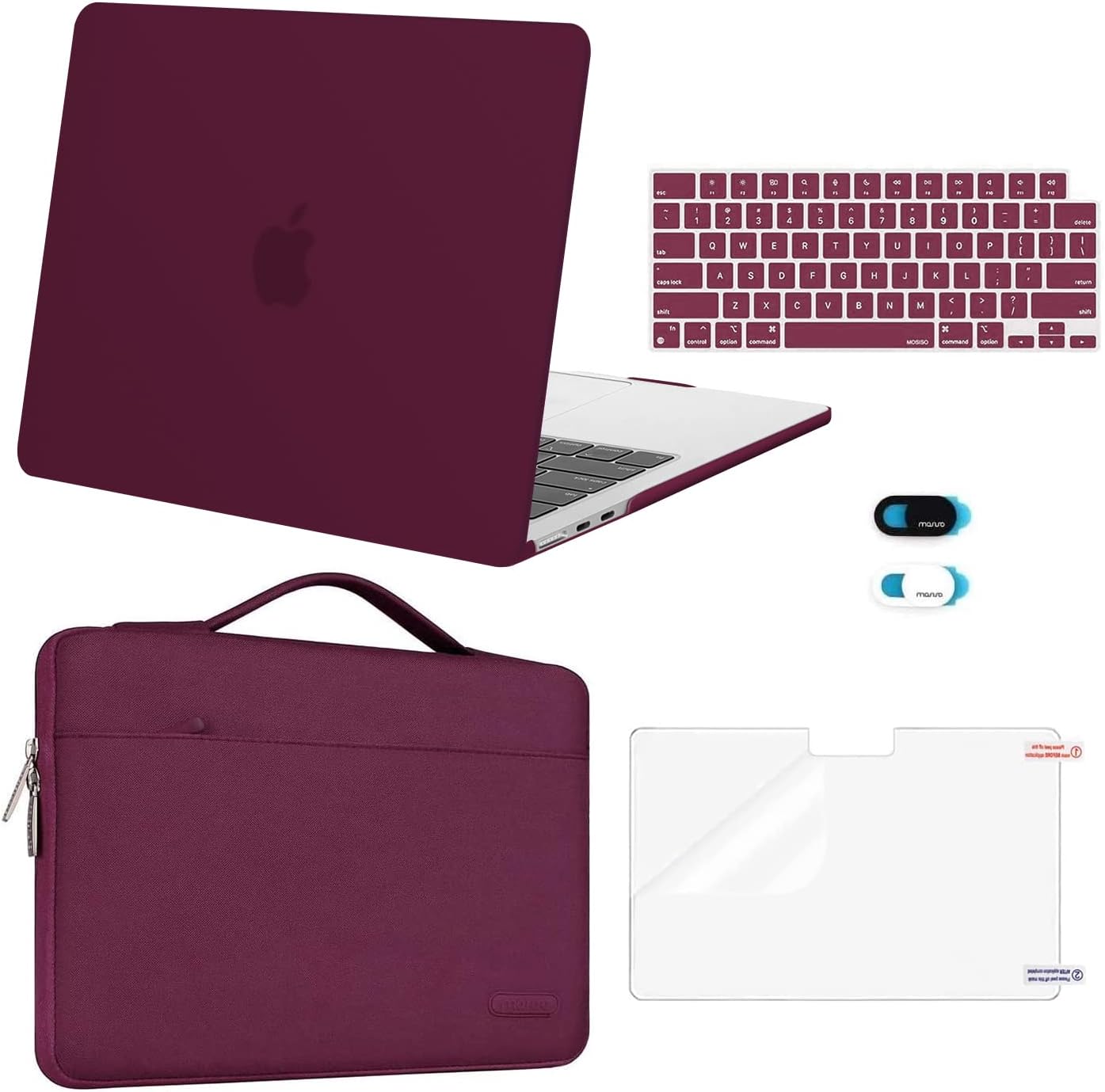 MOSISO Compatible with MacBook Air 13 inch Case 2025 2024 2023 2022 M4 A3240 M3 A3113 M2 A2681, Hard Shell&Sleeve Bag&Keyboard Skin&Webcam Cover&Screen Film for MacBook Air 13.6 inch, Burgundy