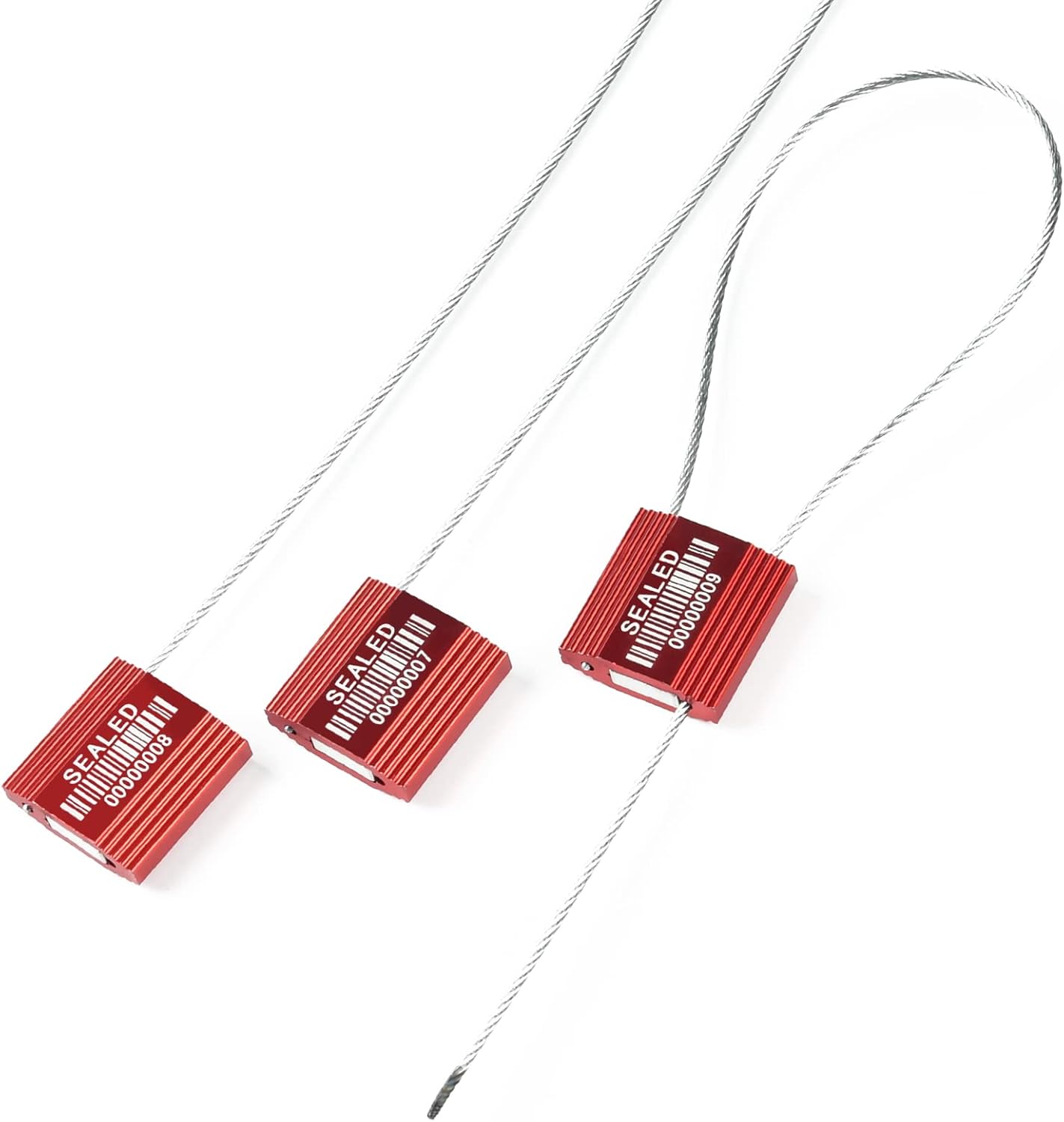 100 Red Steel Cable Seals With Barcode - High Security Numbered Truck Anti-Tamper Pull Tite Tags - Metal Container Shipping Self-Locking Safety Ties ISO 17712