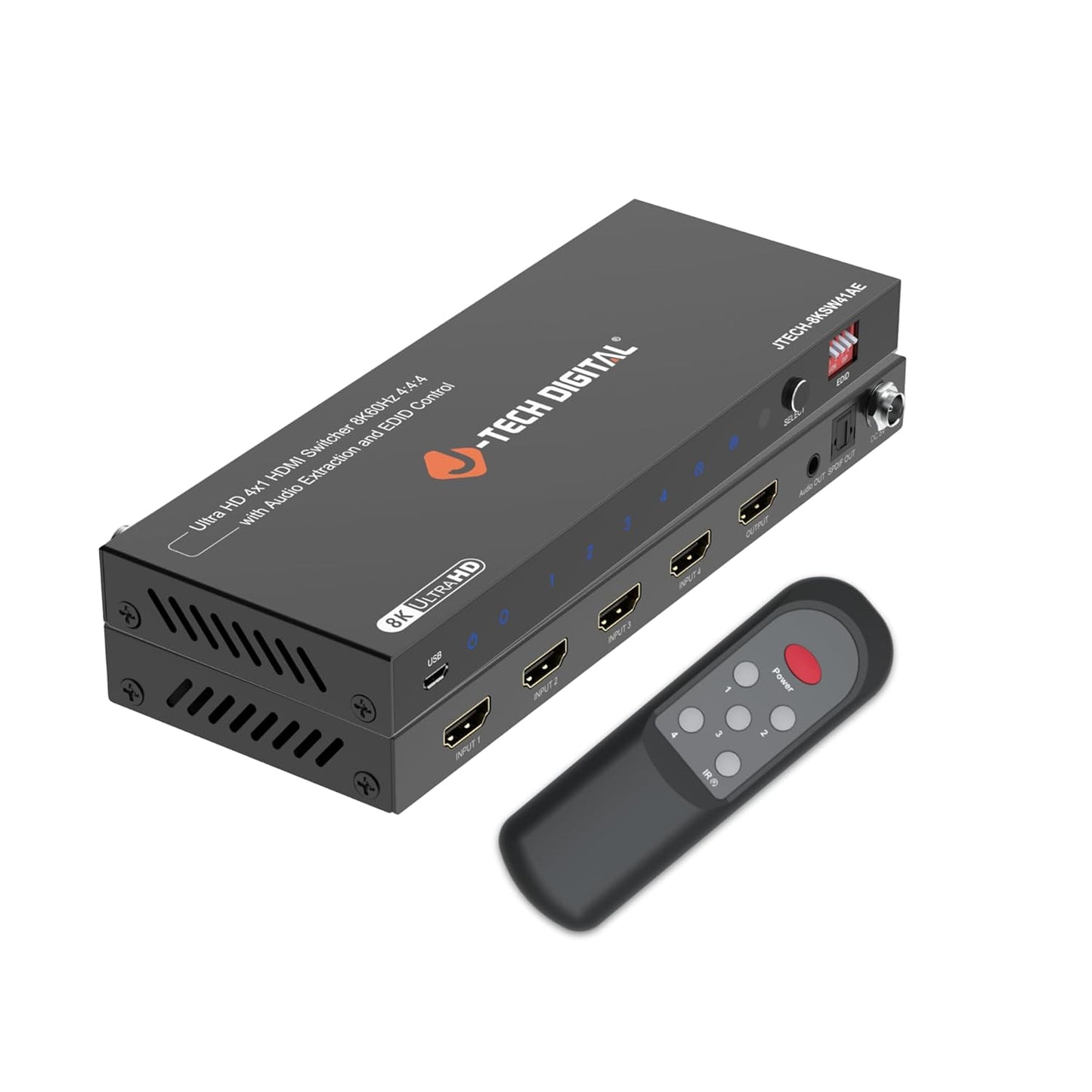 8K HDMI Switch 4 in 1 Out, 8K@60Hz 4K@120Hz 1080P@240Hz with Audio Extraction, HDMI to Optical & Analog 3.5mm, HDR HDCP2.3 EDID Control (JTECH-8KSW41AE)