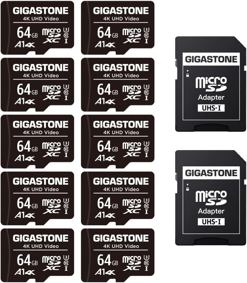 GIGASTONE 64GB Micro SD Card 10-Pack, A1 V30 4K Video Recording, Surveillance Security Cam Action Camera Drone Professional, 90MB/s Micro SDXC UHS-I Class 10