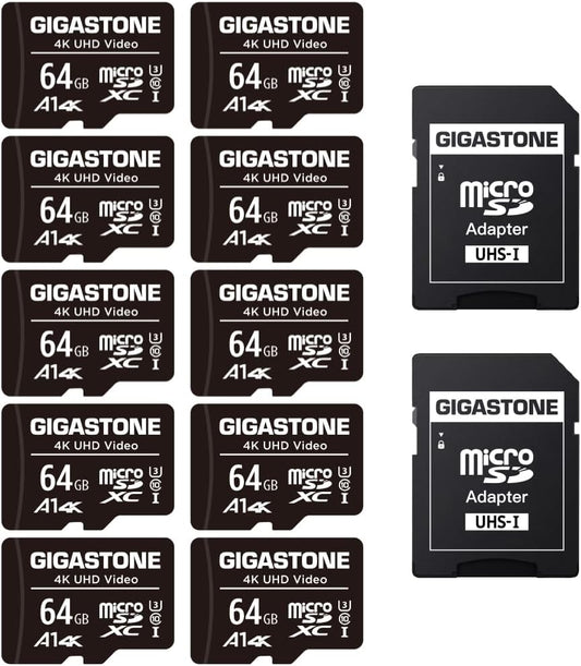 GIGASTONE 64GB Micro SD Card 10-Pack, A1 V30 4K Video Recording, Surveillance Security Cam Action Camera Drone Professional, 90MB/s Micro SDXC UHS-I Class 10