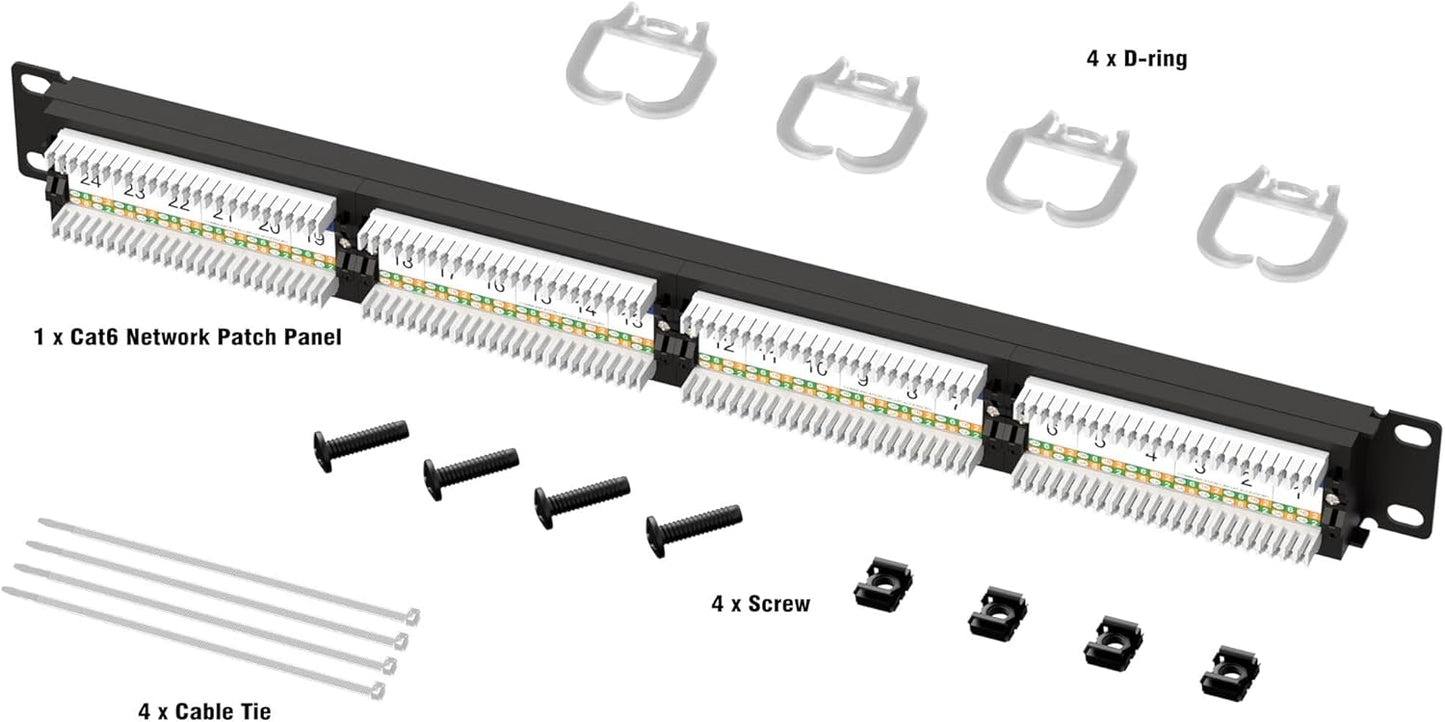 Iwillink 10Gbps Cat6A Patch Panel 24 Port, RJ45 Patch Panel UTP 19-Inch, 1U Network Patch Panel Wallmount or Rackmount Punch Down Block for Cat6A, Cat6, Cat5e, Cat5 Cabling