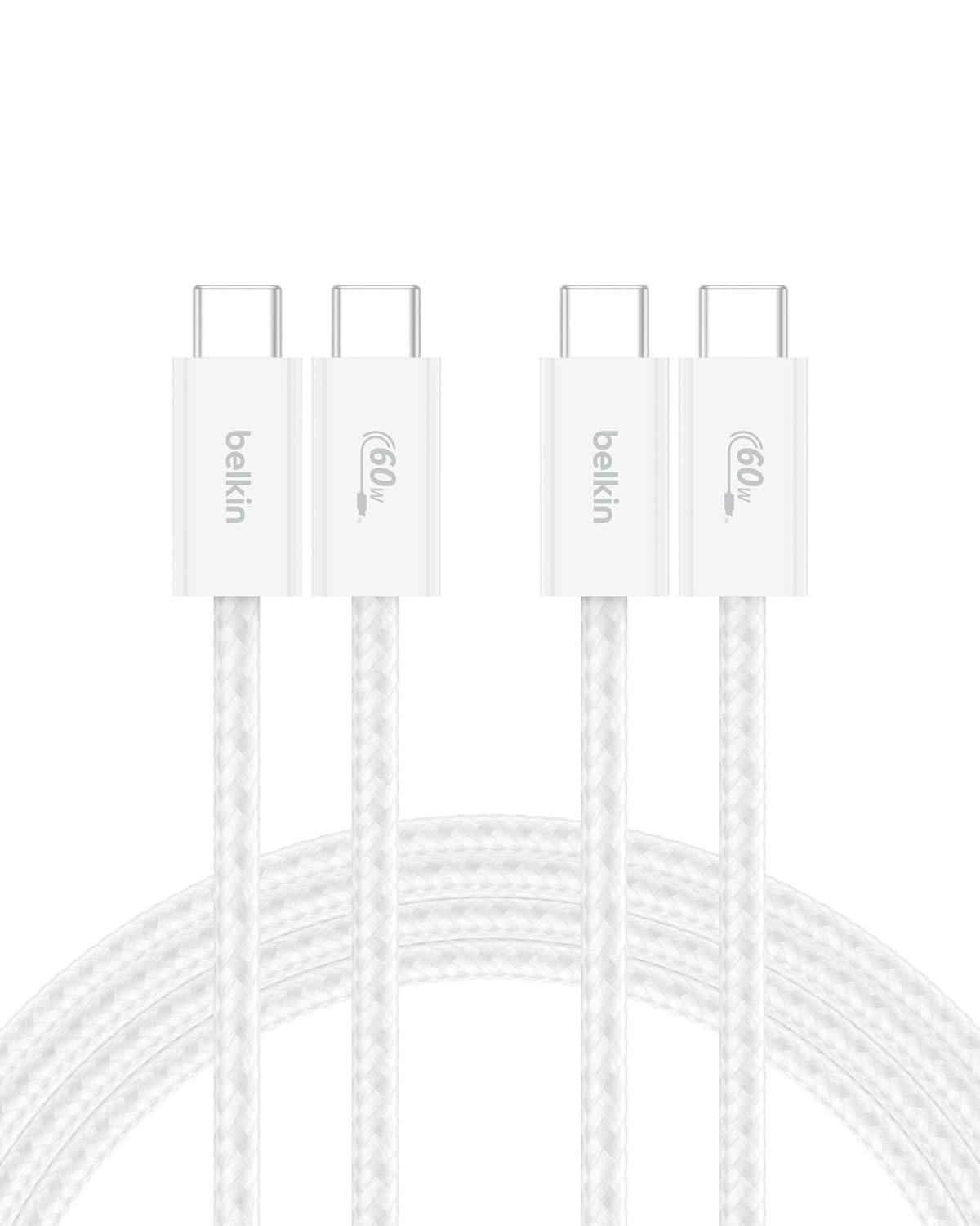 Belkin USB C to USB C Cable 2-Pack, 6.6ft, 60W - Type C Charger, iPhone Charger Cord, Soft, Braided, Flexible for iPhone 16, Galaxy S25, Pixel 9, Airpods, iPad Pro & More, Travel Essentials - White