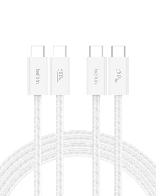 Belkin USB C to USB C Cable 2-Pack, 6.6ft, 60W - Type C Charger, iPhone Charger Cord, Soft, Braided, Flexible for iPhone 16, Galaxy S25, Pixel 9, Airpods, iPad Pro & More, Travel Essentials - White