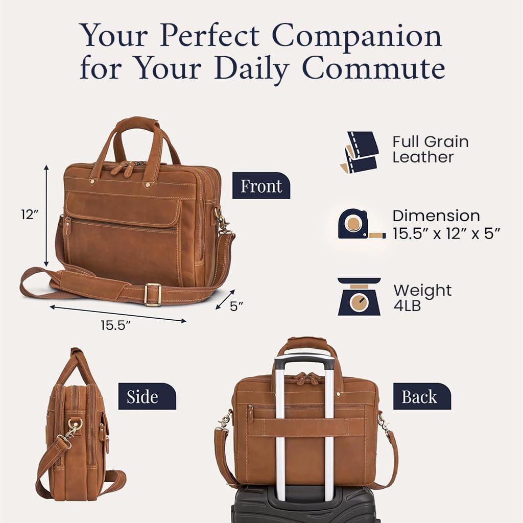 Luxorro Full Grain Leather Briefcase for Men, Light Brown, 17"(W) x 13"(H) x 5"(D), Fits 15.6 Inch Laptop