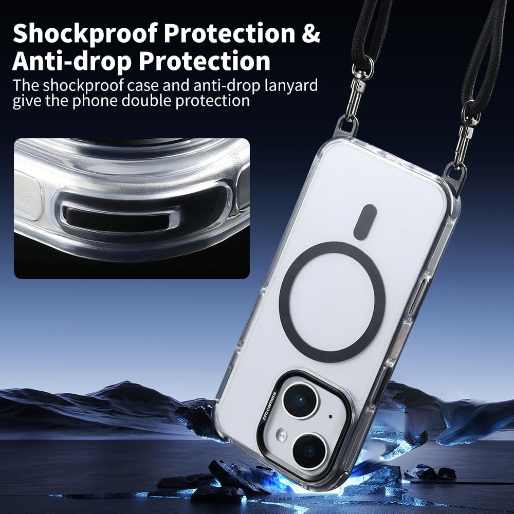 for iPhone 15 Case with 62.99 inch Lanyard, Classic Clear&Black Magnetic Phone Case, Drop&Shockproof Protection Cases, Phone Lanyard for Around The Neck, Compatible with Magnet Accessory