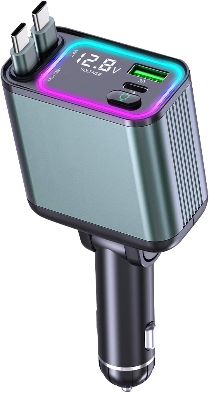 4 in 1 Retractable Car Charger with RGB Light, 92W Fast Charging Dual USB C Car Adapter, Compact Car Phone Charger for iPhone/Galaxy/Pixel, Road Trip Essentials (Dual Type C Cable)