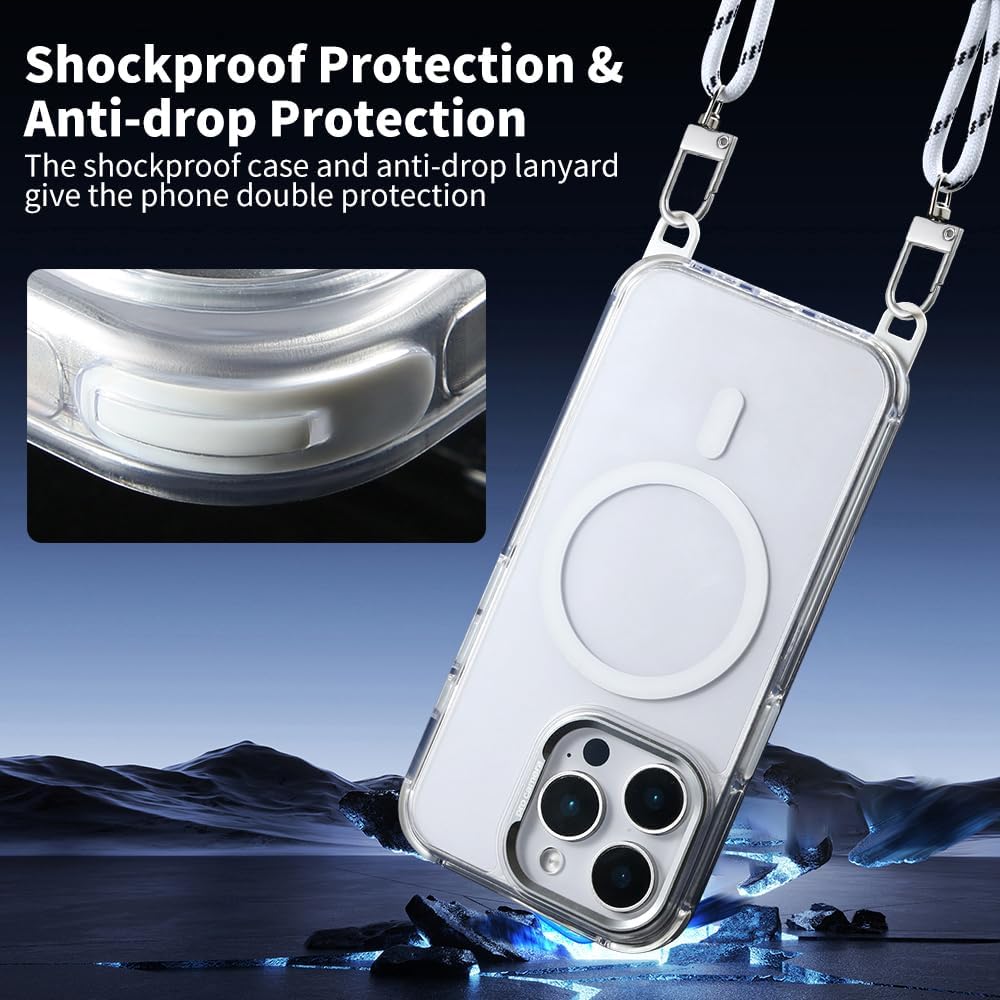 for iPhone 14 Pro Max Case with 62.99 inch Lanyard, Classic Clear&White Magnetic Phone Case, Drop&Shockproof Protection Cases, Phone Holder Lanyard, Compatible with Magnet Accessory