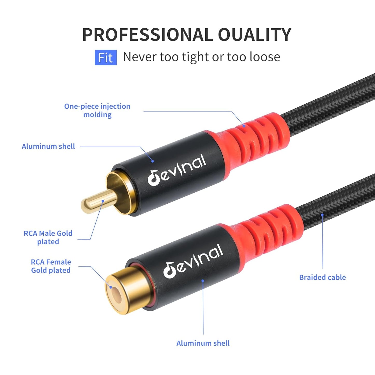 Devinal RCA Extension Cable - RCA Male to Female Nylon-Braided Durable, Flexible, and Enhanced Audio/Video Connectivity for Home Theater, Gaming, and Audio Systems 3 Feet 2-Pack