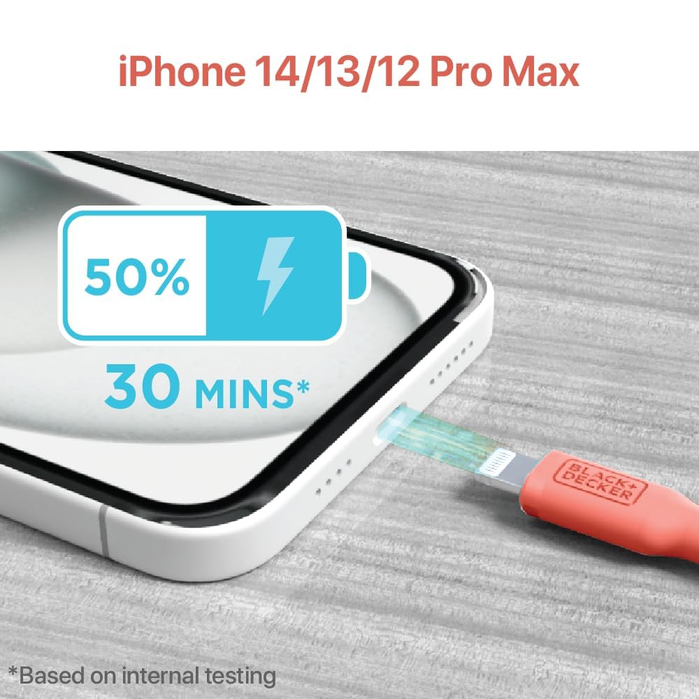 BLACK+DECKER Lightning to USB Cable - Fast Compatible iPhone Lightning Cable - Durable Braided iPhone Charger Cord - for Travel and Daily Use - Multiple Color + Length Options - 9ft