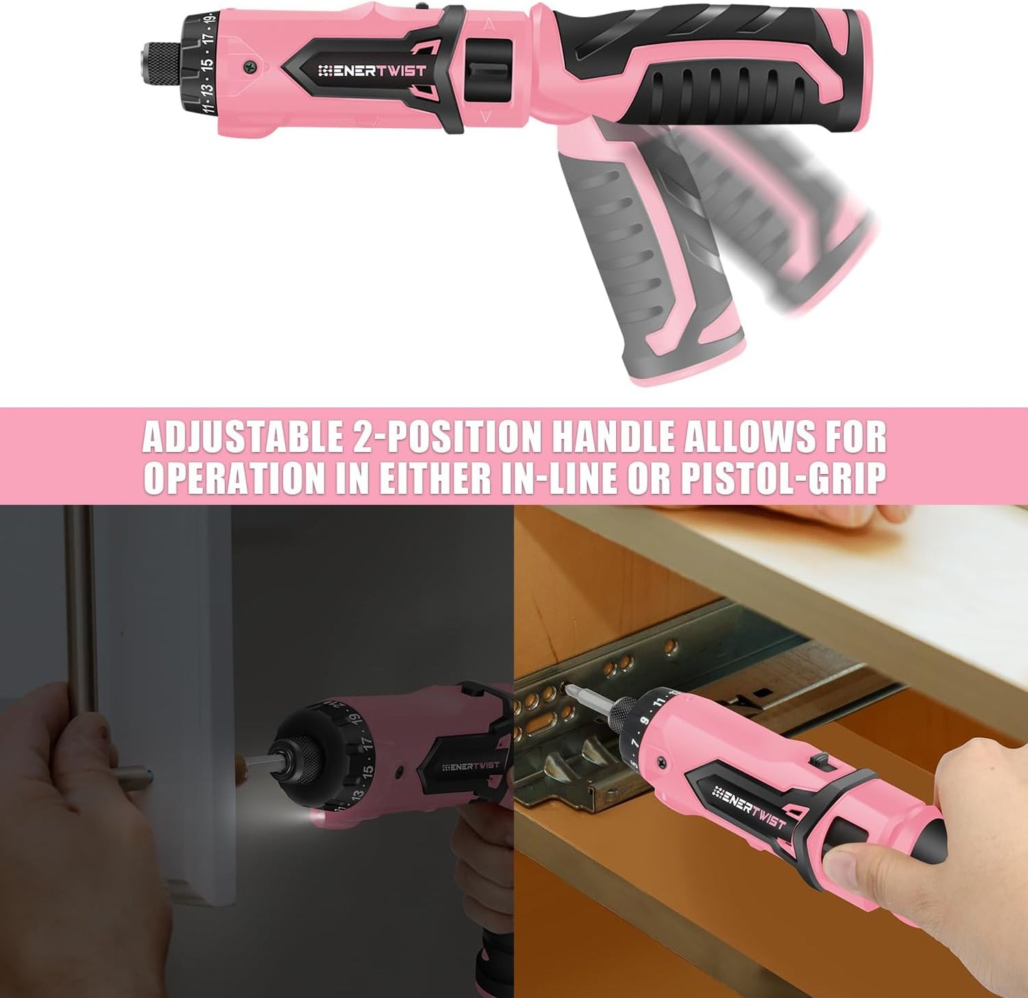 Enertwist Electric Screwdriver, 8V Max 10Nm Pink Cordless Screwdriver Rechargeable Set with 82 Accessory Kit and Charger in Carrying Case, 21+1 Cluth, Dual Position Handle, LED Light