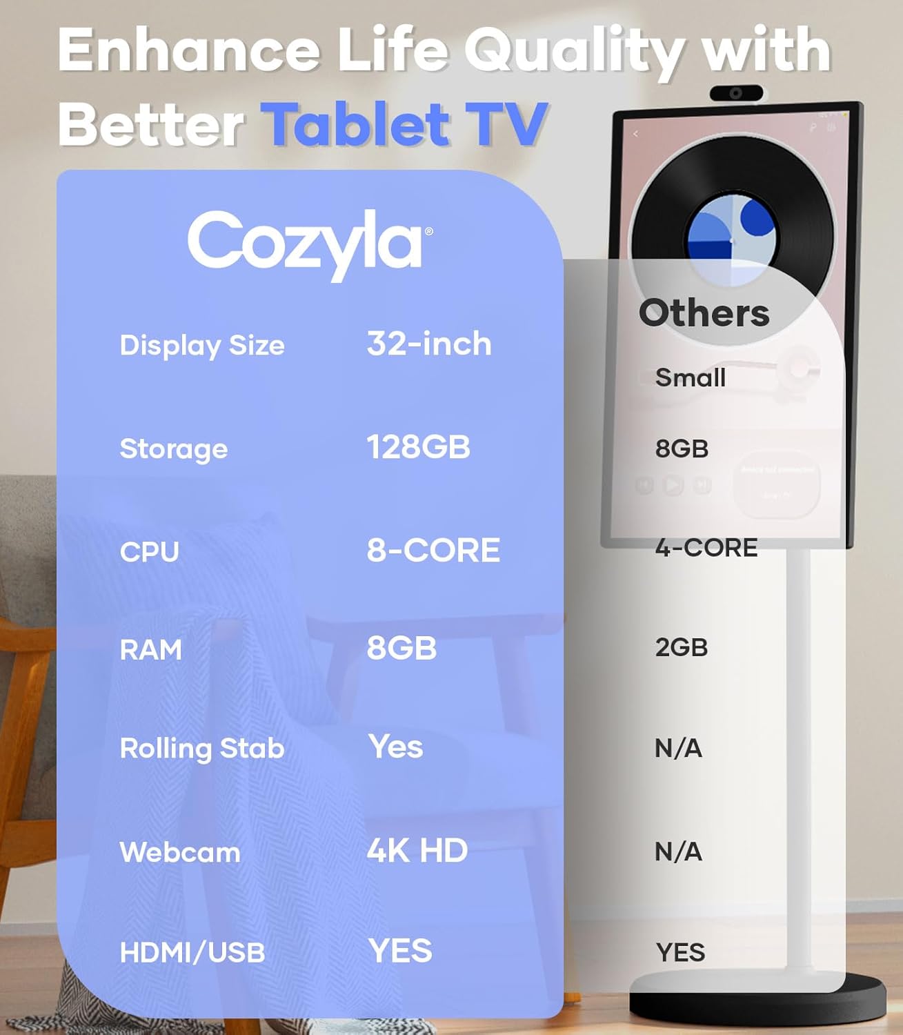 Cozyla Mate 32 Inch Mobile Portable TV Stand on Wheels Support Google Store Full Swivel Rotation Portable Touch Screen Monitor Built-in Battery Smart Rolling Tablet TV 4K Camera Remote Control Black