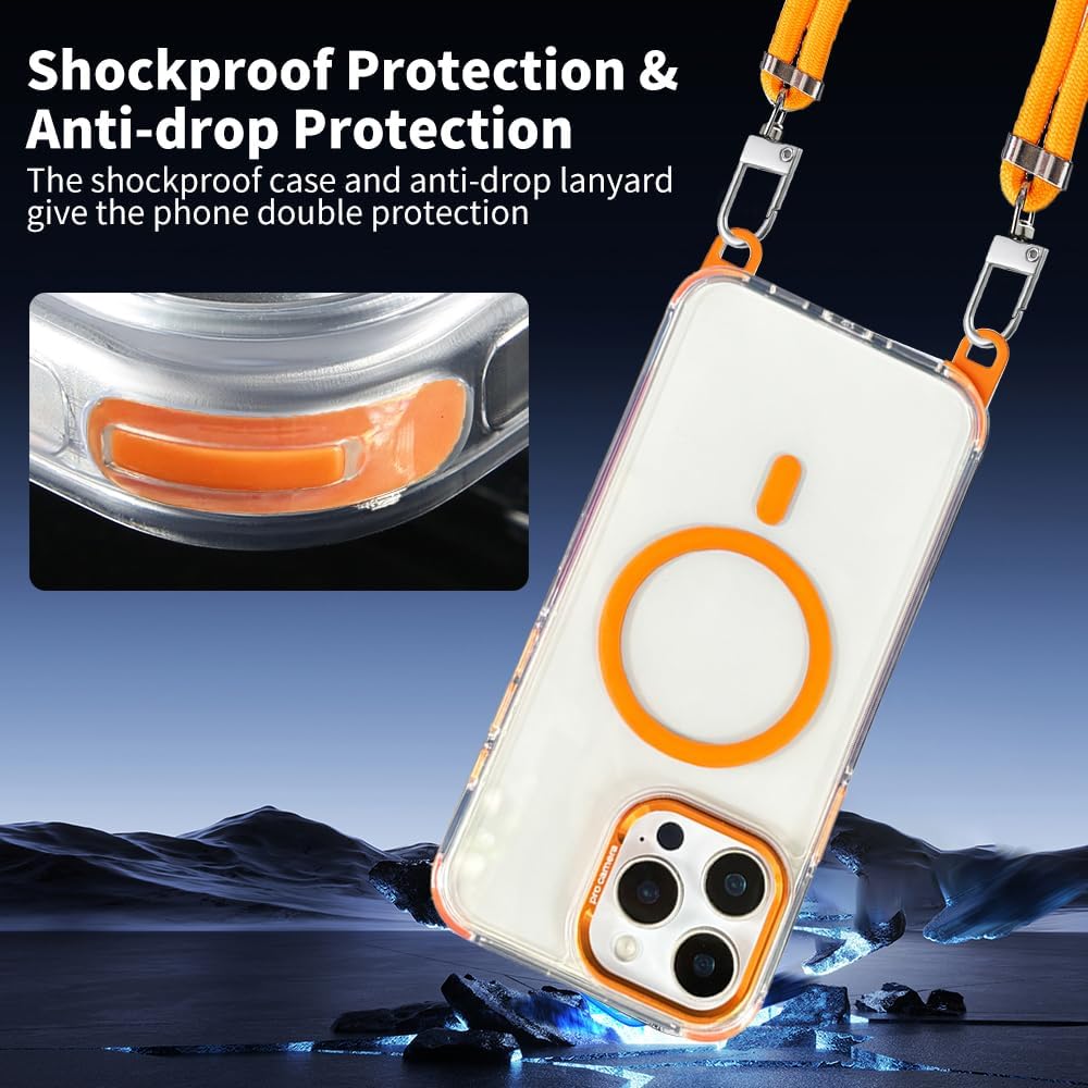Cases for iPhone 16 Pro Max with 62.99 inch Lanyard Strap, Compatible with MagSafe, Classic Clear&Orange Cover Non-Yellowing, Hands-Free Phone Case Drop&Shockproof, Adjustable Phone Lanyard