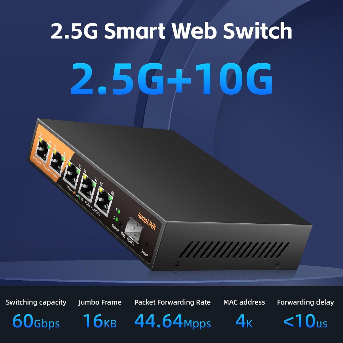 6 Port 2.5G Web Smart Managed Ethernet Switch with 5 x 2.5G Base-T Ports, 1 x 10G SFP+, Static Aggregation, QoS/VLAN/IGMP, Metal Housing Fanless, Desktop/Wall-Mount