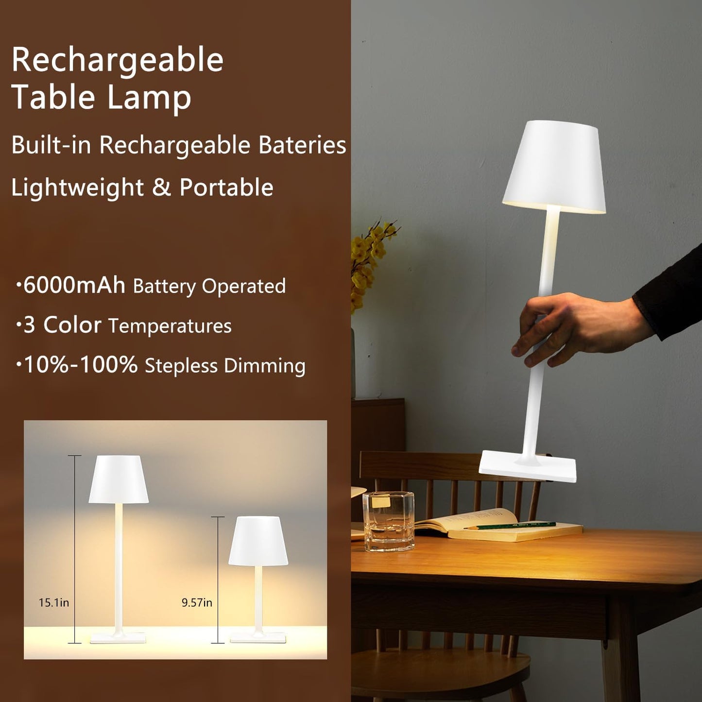 Cordless Table Lamp Rechargeable Lamps: 6000mAh Battery Operated Table Lamp Outdoor Waterproof, Touch Control, Portable Wireless Desk Lamp for Dinner/Bedroom/Restaurant （White2 Pack