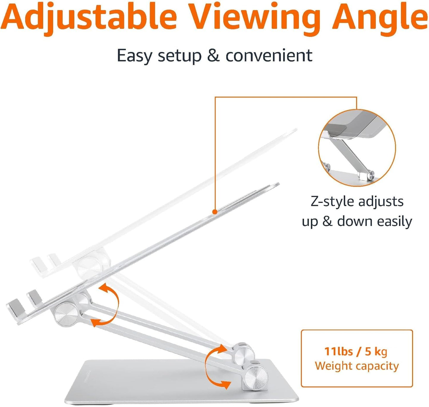 Amazon Basics Sturdy and Portable Ergonomic Laptop Stand for Desk, Adjustable Riser, Fits all Laptops and Notebooks up to 17.3 Inch, Silver, 10 x 8.7 x 6 in