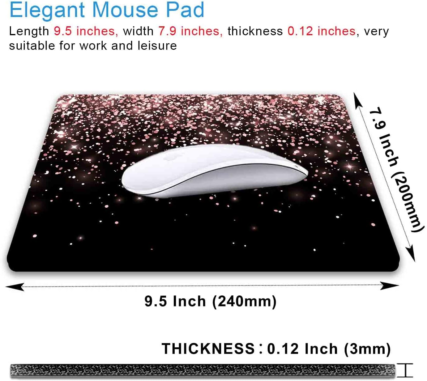 IMAYONDIA Mouse Pad, Rose Gold Glitter Black Mouse Pad, Non-Slip Rubber Base Women Mousepad, Mouse Mat Pad for Work, Game, Office, 9.5 x 7.9 Inch - Beautiful Modern Luxury Design