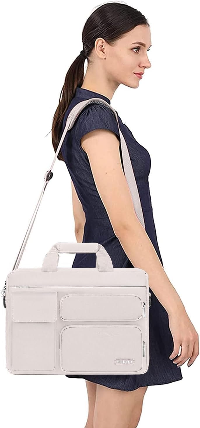 MOSISO Laptop Shoulder Bag, Computer Bag with 2 Raised&1 Flapover&1 Horizontal Pocket&Handle&Belt