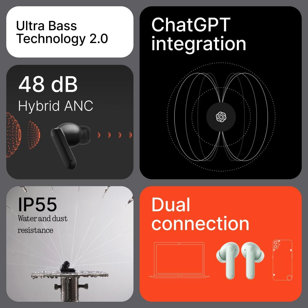 CMF Buds 2 Wireless Earbuds, 2025New Bluetooth Headphones with 48dB Hybrid ANC, Ultra Bass Technology Active Noise Cancellation Earphones, 55H Playtime, 6HD Mics, ChatGPT Integration Light Orange