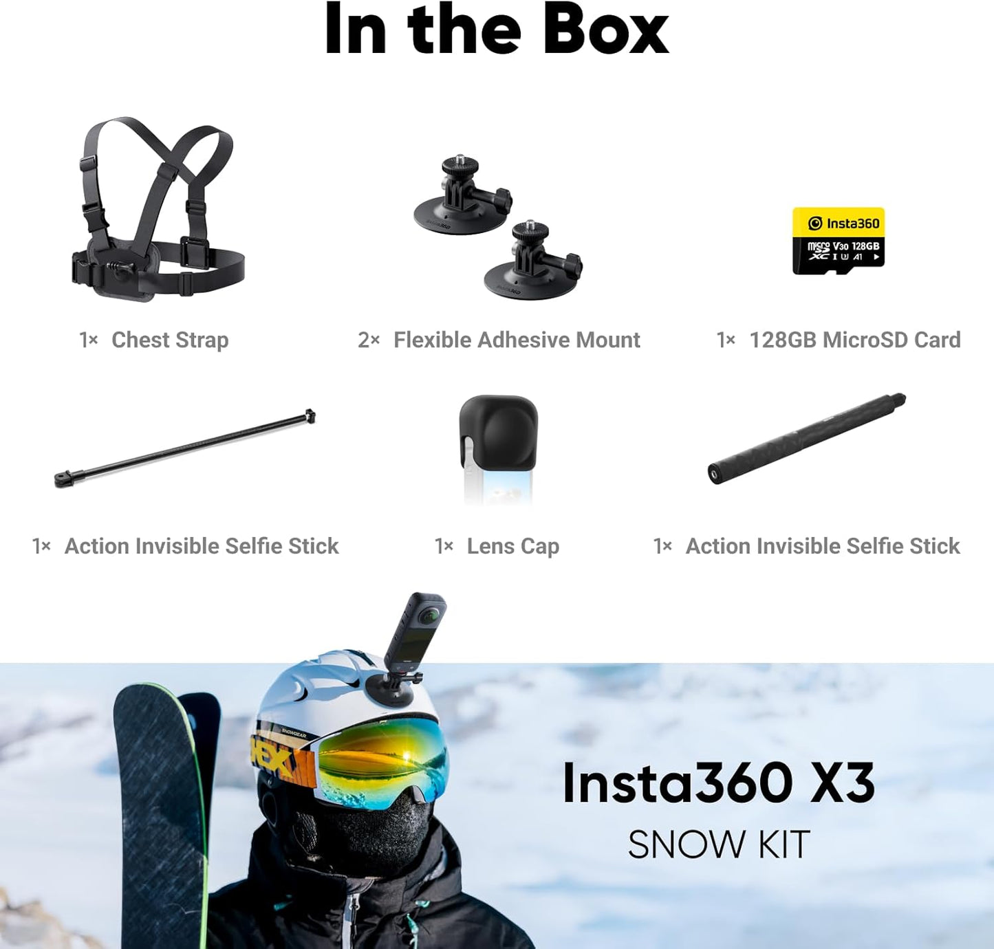 Insta360 X3 Snow Kit (New Version) - 360 Action Camera with 5.7K 360 Active HDR Video, 4K Single-Lens Camera, Waterproof, FlowState Stabilization, 2.29" Touchscreen, AI Editing, Wintersports