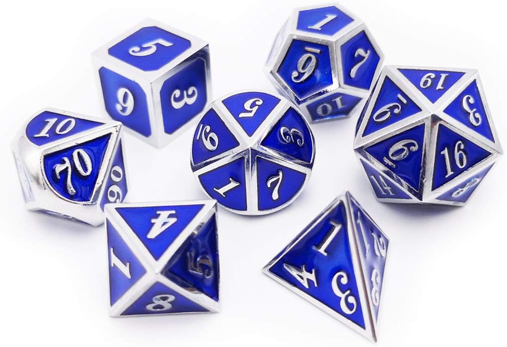Haxtec Metal Dice Set D&D Silver Navy Blue Metal Polyhedral DND Dice for Dungeons and Dragons-Glossy Enamel Dice (Silver Navy Blue)